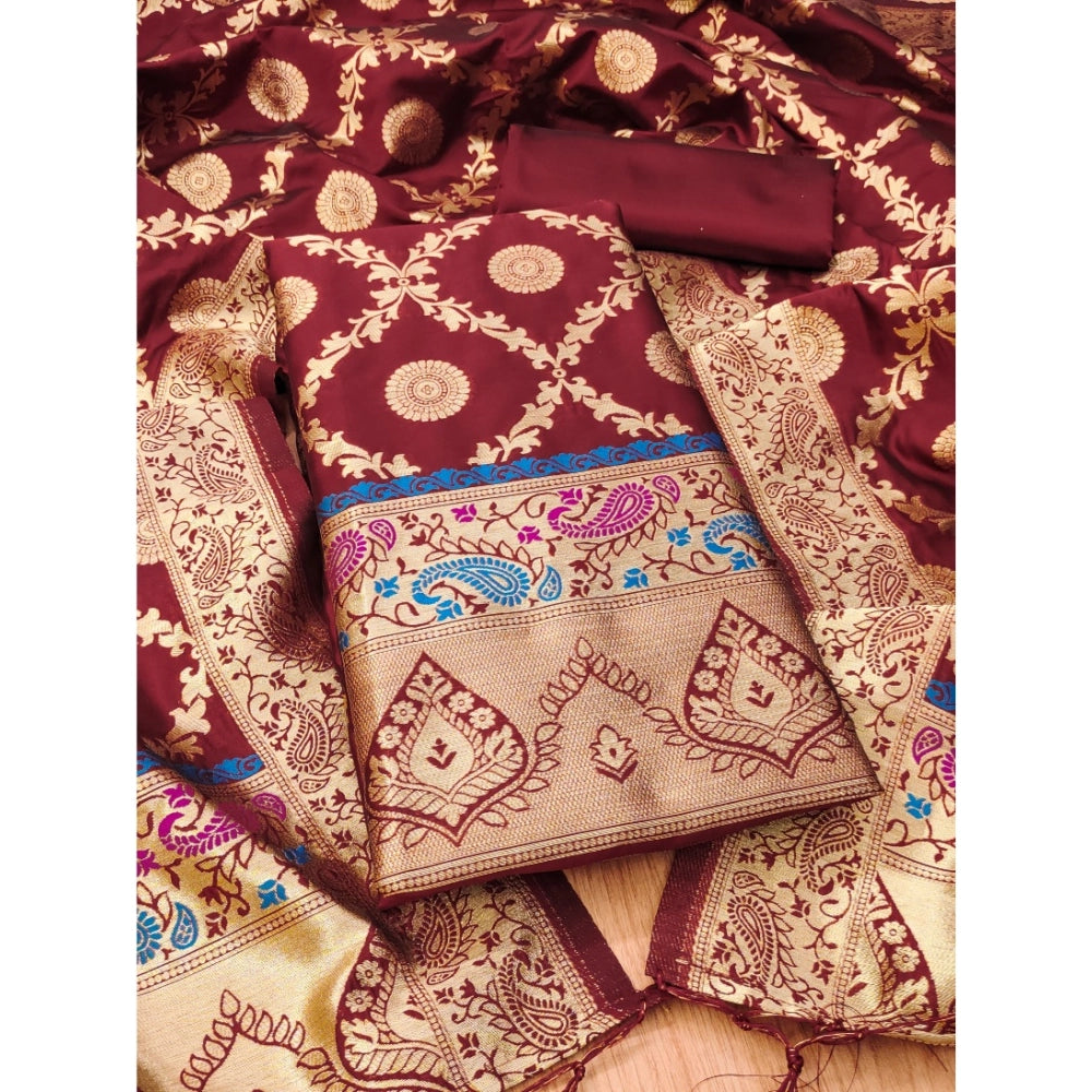HD Women's Banarasi Silk Printed Unstitched Salwar Suit Material With Dupatta (Maroon, 3Mtrs)