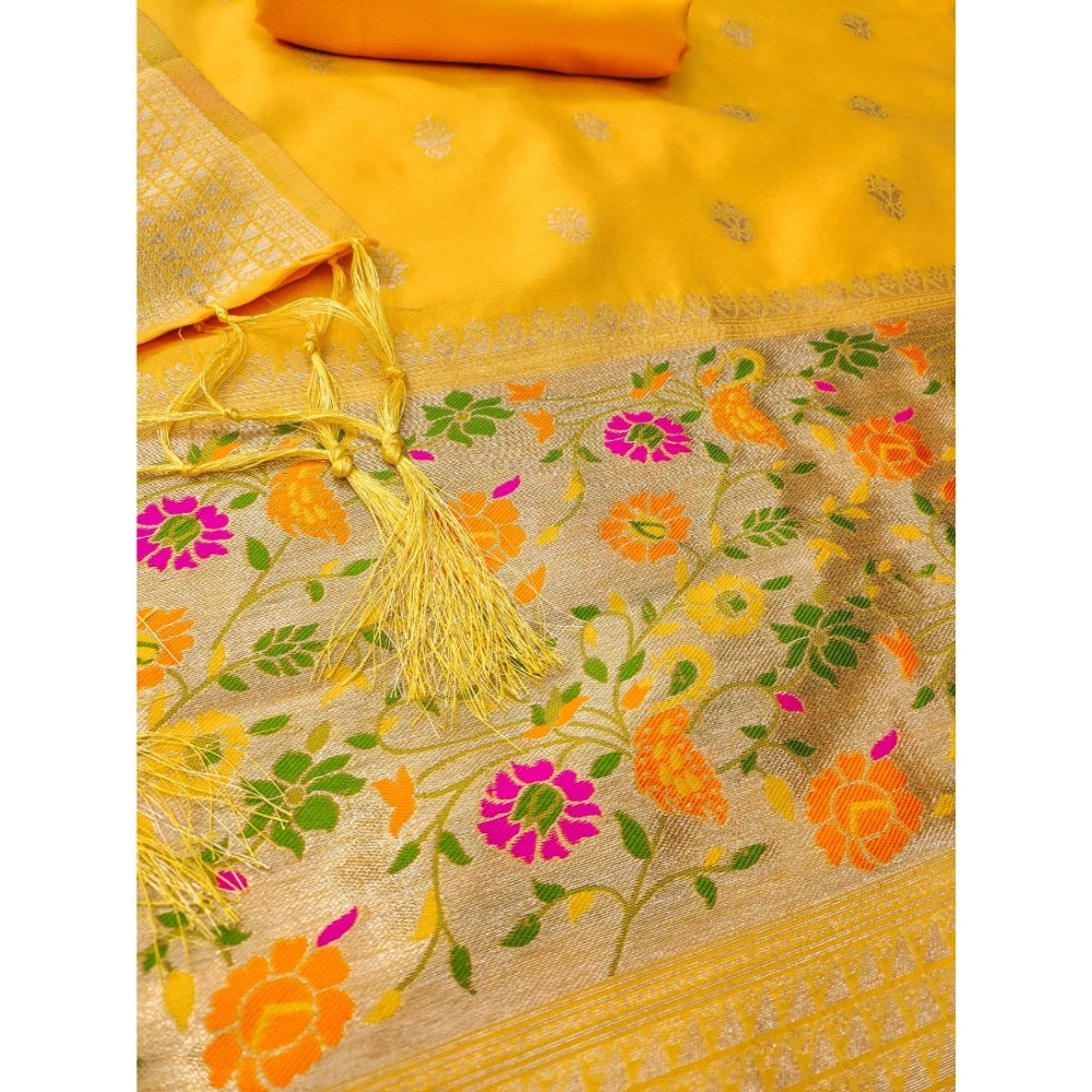 HD Women's Banarasi Silk Printed Unstitched Salwar Suit Material With Dupatta (Yellow, 3Mtrs)