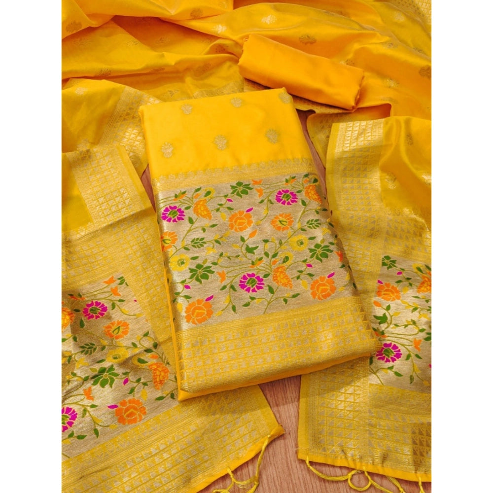 HD Women's Banarasi Silk Printed Unstitched Salwar Suit Material With Dupatta (Yellow, 3Mtrs)