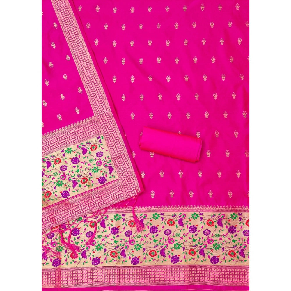 HD Women's Banarasi Silk Printed Unstitched Salwar Suit Material With Dupatta (Pink, 3Mtrs)