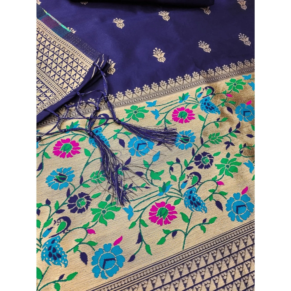 HD Women's Banarasi Silk Printed Unstitched Salwar Suit Material With Dupatta (Navy Blue, 3Mtrs)