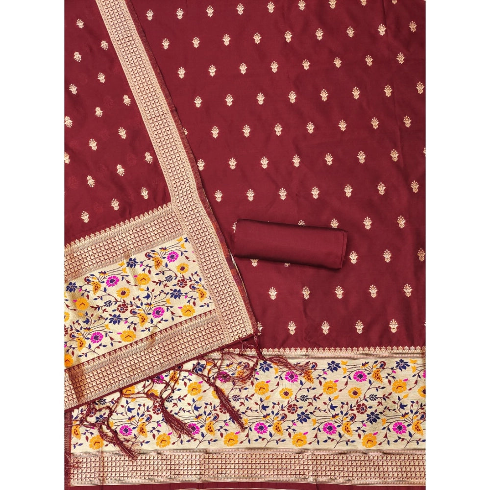 HD Women's Banarasi Silk Printed Unstitched Salwar Suit Material With Dupatta (Maroon, 3Mtrs)