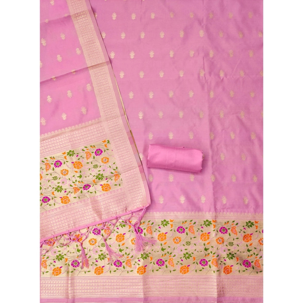 HD Women's Banarasi Silk Printed Unstitched Salwar Suit Material With Dupatta (Light Pink, 3Mtrs)