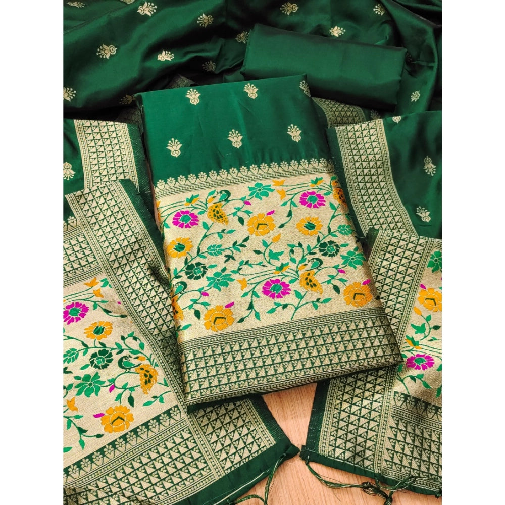 HD Women's Banarasi Silk Printed Unstitched Salwar Suit Material With Dupatta (Bottle Green, 3Mtrs)