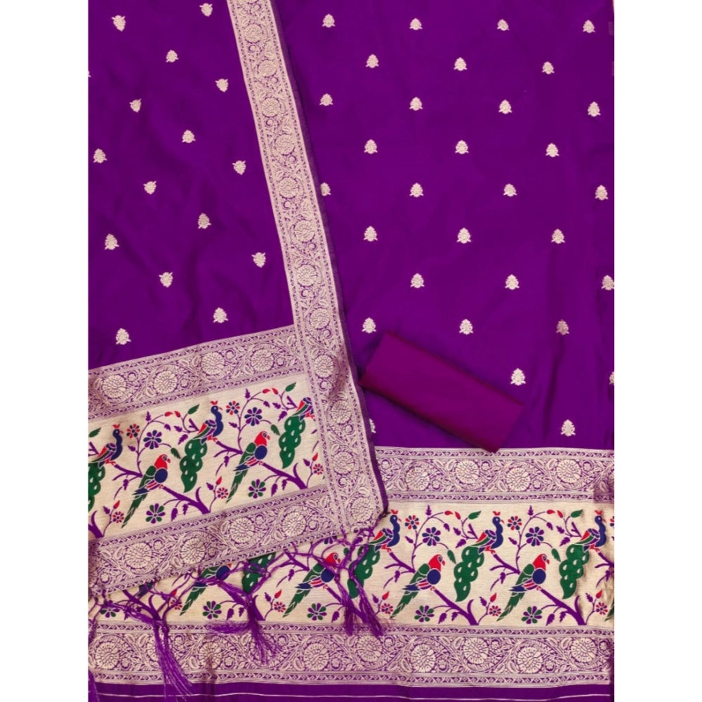 HD Women's Banarasi Silk Printed Unstitched Salwar Suit Material With Dupatta (Purple, 3Mtrs)