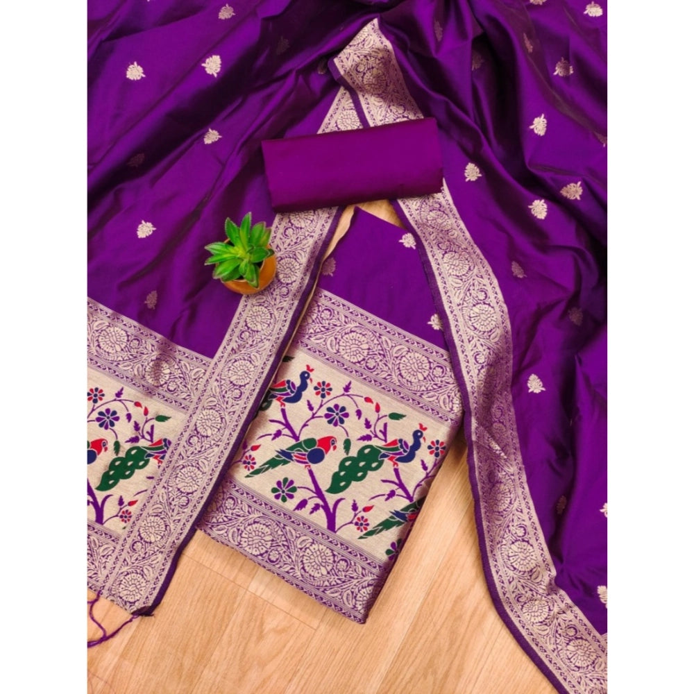 HD Women's Banarasi Silk Printed Unstitched Salwar Suit Material With Dupatta (Purple, 3Mtrs)