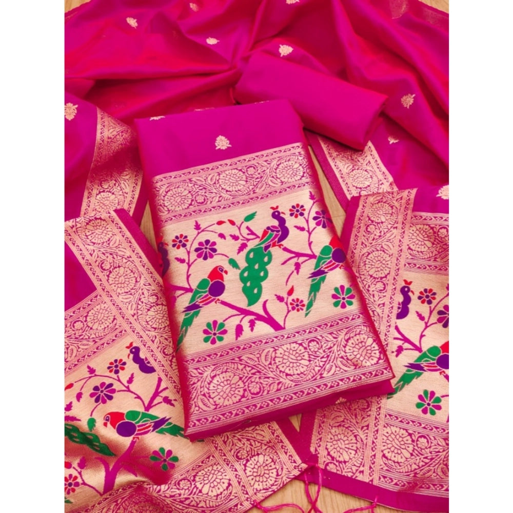 HD Women's Banarasi Silk Printed Unstitched Salwar Suit Material With Dupatta (Pink, 3Mtrs)
