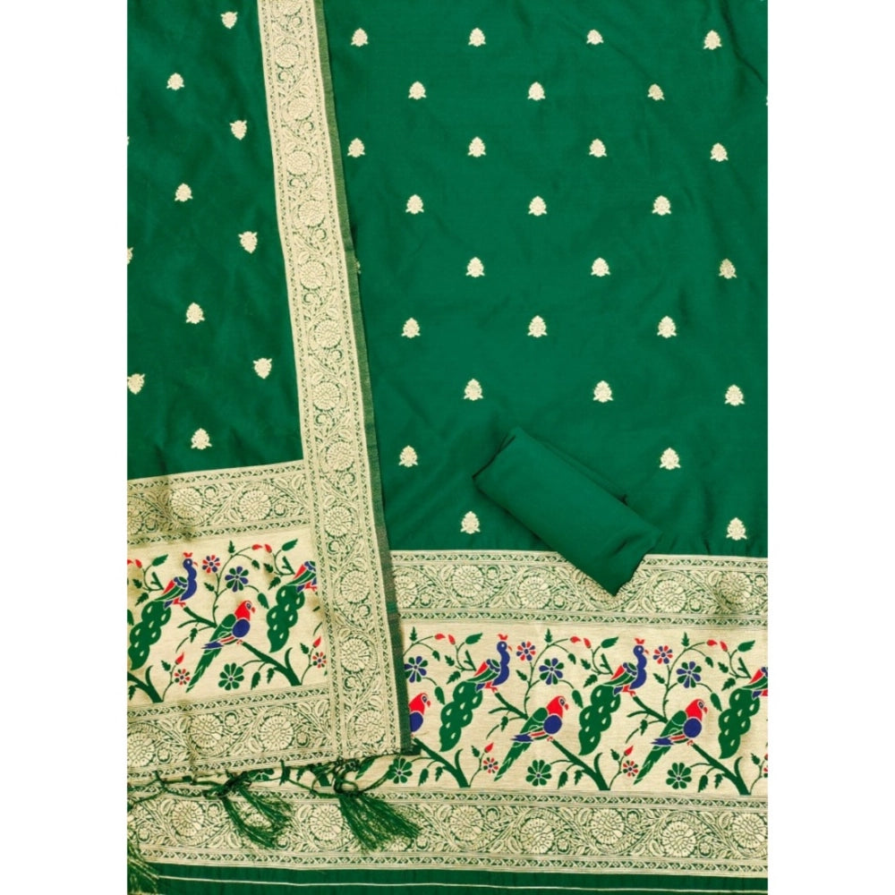 HD Women's Banarasi Silk Printed Unstitched Salwar Suit Material With Dupatta (Bottle Green, 3Mtrs)