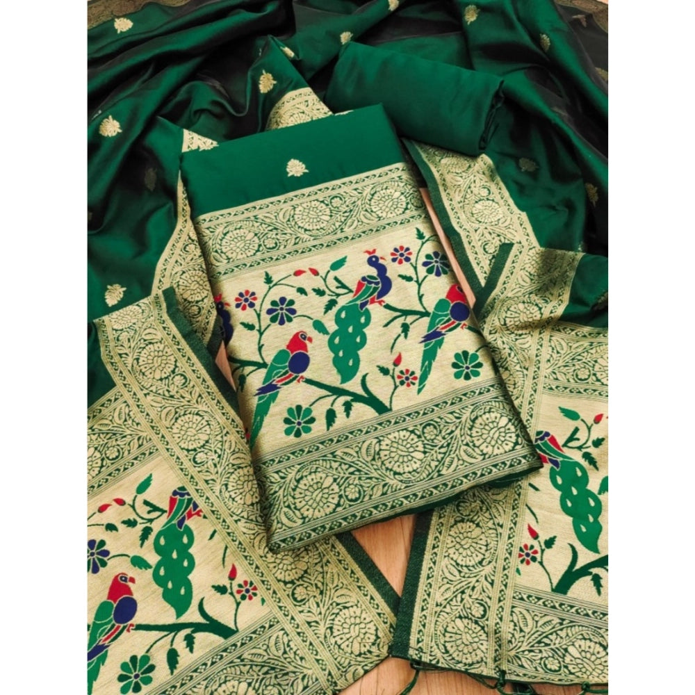 HD Women's Banarasi Silk Printed Unstitched Salwar Suit Material With Dupatta (Bottle Green, 3Mtrs)