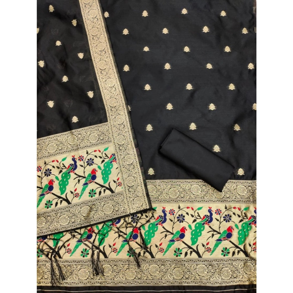 HD Women's Banarasi Silk Printed Unstitched Salwar Suit Material With Dupatta (Black, 3Mtrs)