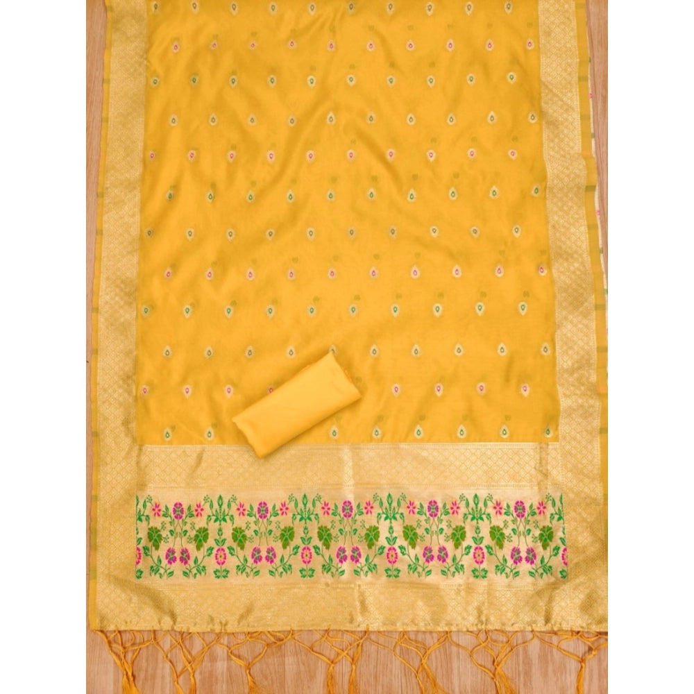 HD Women's Banarasi Silk Printed Unstitched Salwar Suit Material With Dupatta (Yellow, 3Mtrs)