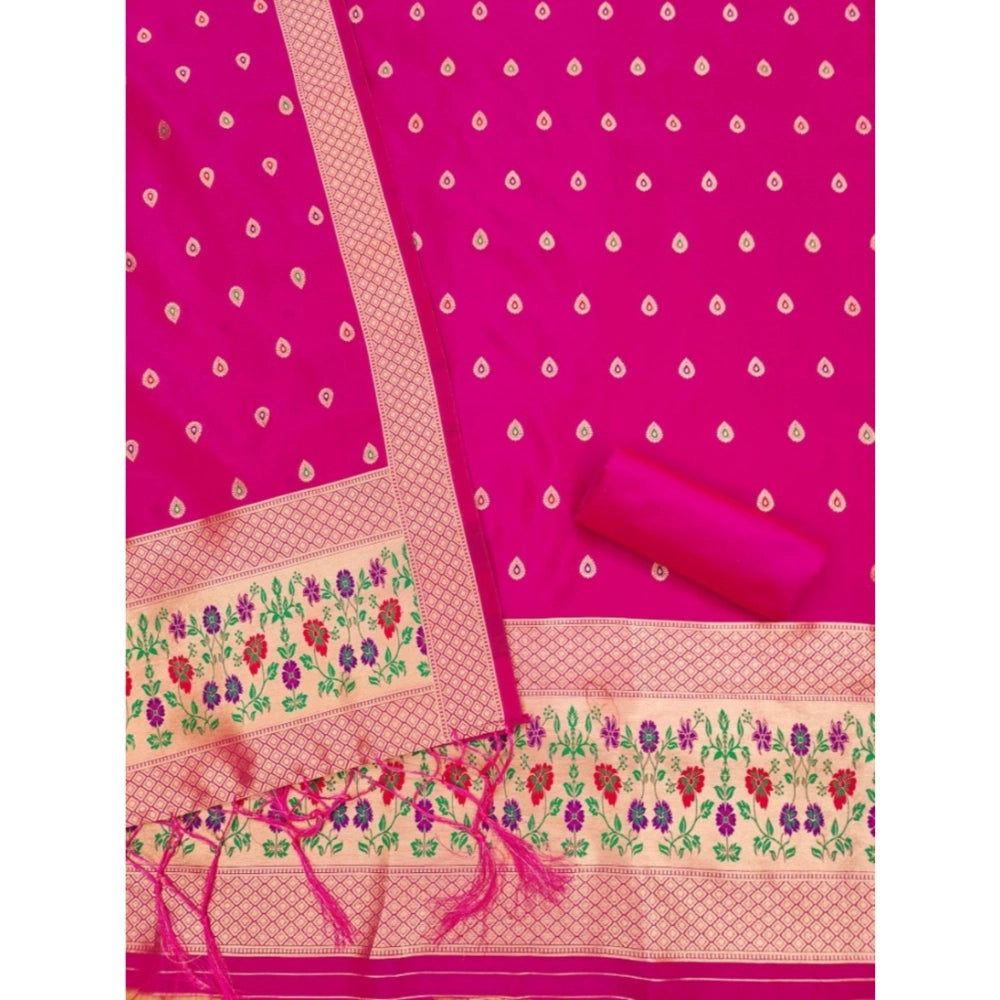 HD Women's Banarasi Silk Printed Unstitched Salwar Suit Material With Dupatta (Pink, 3Mtrs)