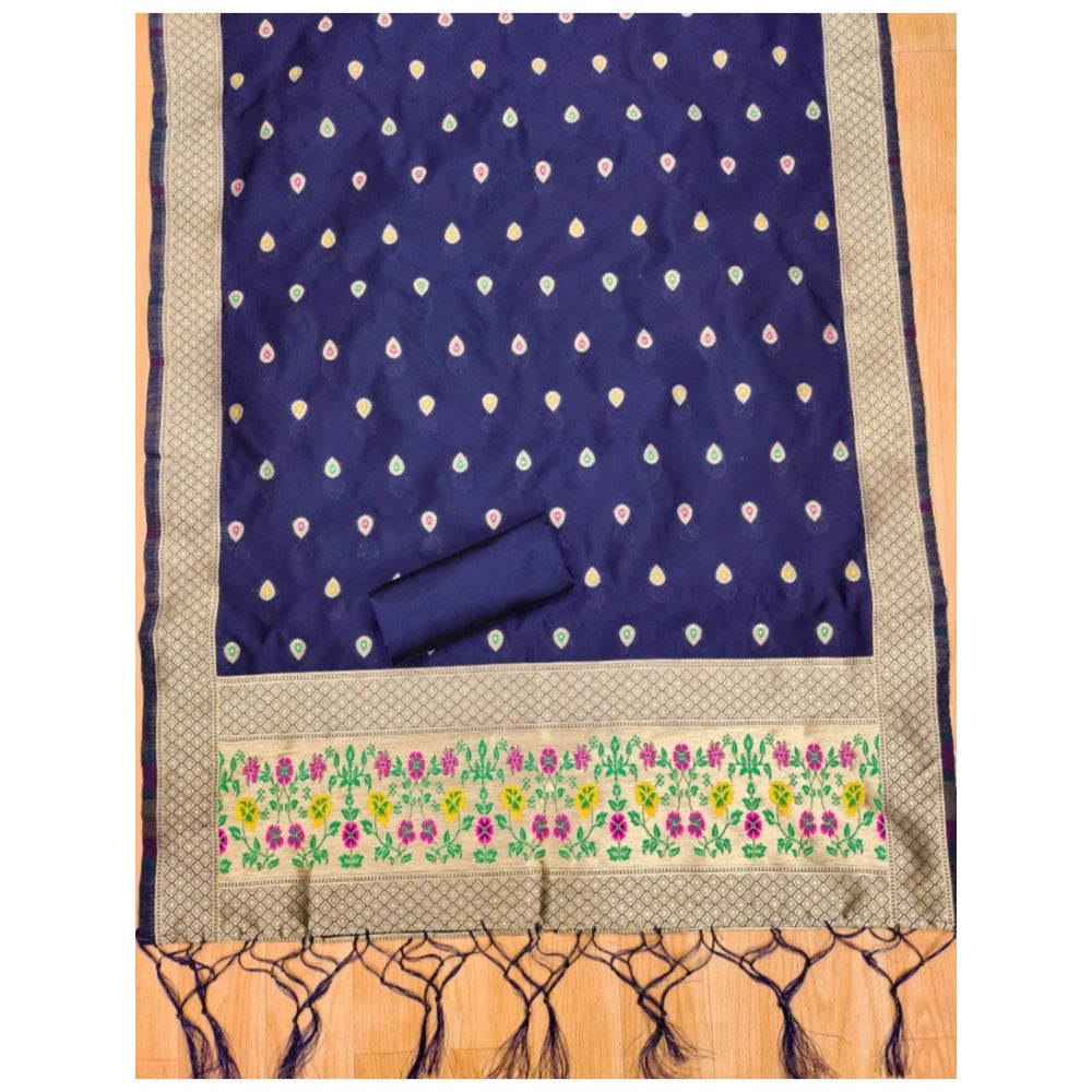 HD Women's Banarasi Silk Printed Unstitched Salwar Suit Material With Dupatta (Navy Blue, 3Mtrs)