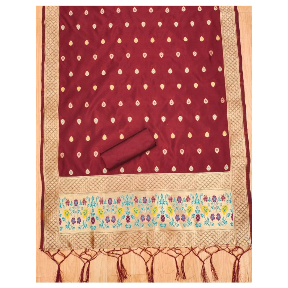 HD Women's Banarasi Silk Printed Unstitched Salwar Suit Material With Dupatta (Maroon, 3Mtrs)