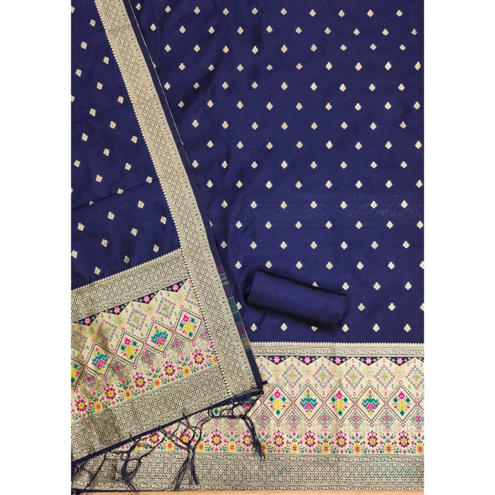 HD Women's Banarasi Silk Printed Unstitched Salwar Suit Material With Dupatta (Navy Blue, 3Mtrs)
