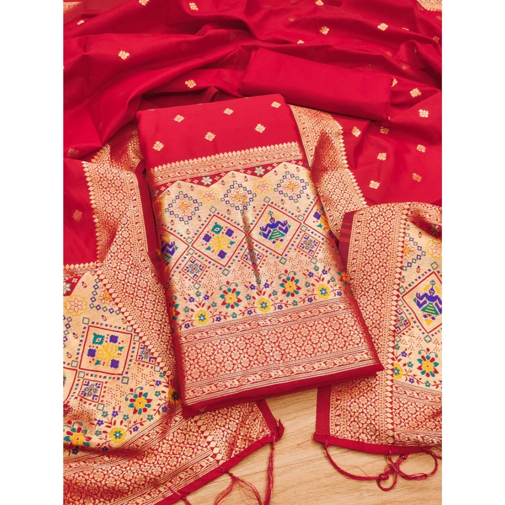 HD Women's Banarasi Silk Printed Unstitched Salwar Suit Material With Dupatta (Red, 3Mtrs)