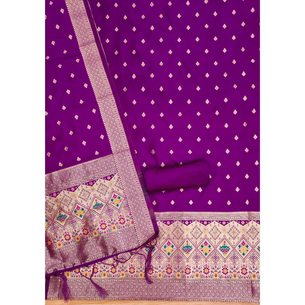 HD Women's Banarasi Silk Printed Unstitched Salwar Suit Material With Dupatta (Purple, 3Mtrs)