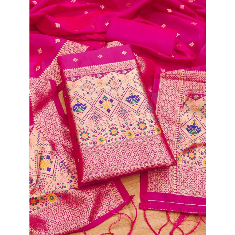 HD Women's Banarasi Silk Printed Unstitched Salwar Suit Material With Dupatta (Pink, 3Mtrs)