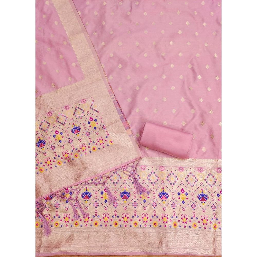 HD Women's Banarasi Silk Printed Unstitched Salwar Suit Material With Dupatta (Light Pink, 3Mtrs)