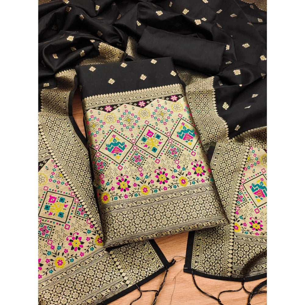 HD Women's Banarasi Silk Printed Unstitched Salwar Suit Material With Dupatta (Black, 3Mtrs)