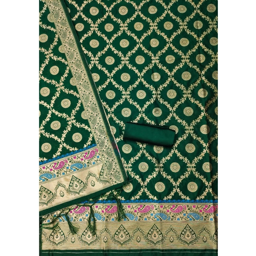 HD Women's Banarasi Silk Printed Unstitched Salwar Suit Material With Dupatta (Bottle Green, 3Mtrs)