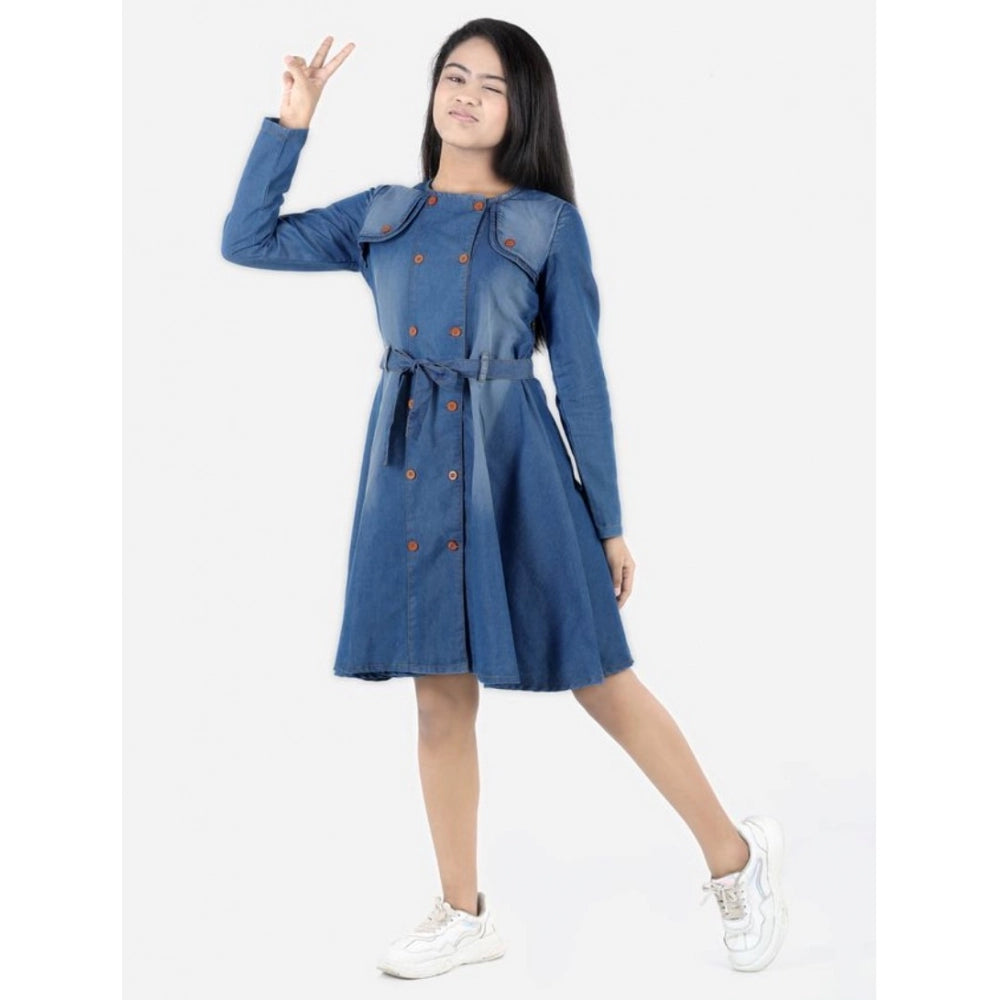 HamariDookan Girl's Denim Solid Long Sleeve Round Neck Dress (Blue)