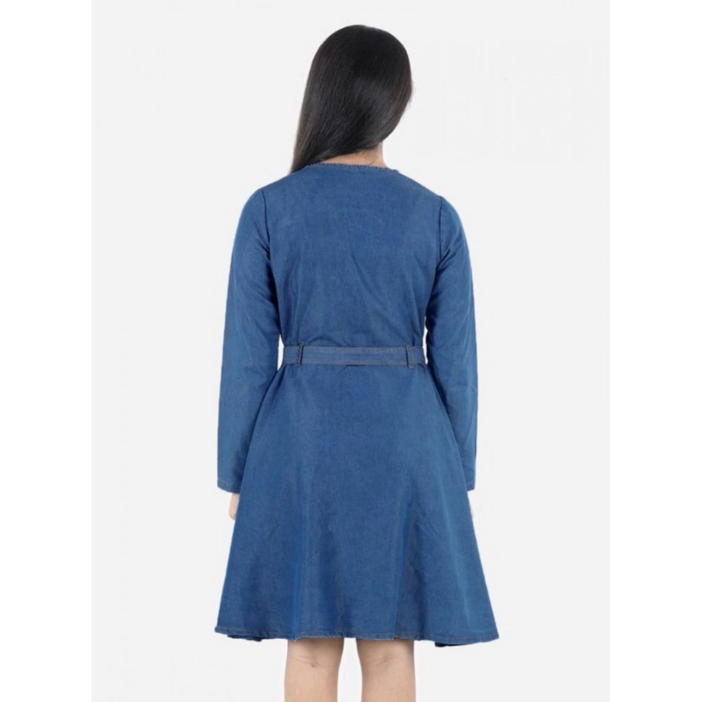 HamariDookan Girl's Denim Solid Long Sleeve Round Neck Dress (Blue)