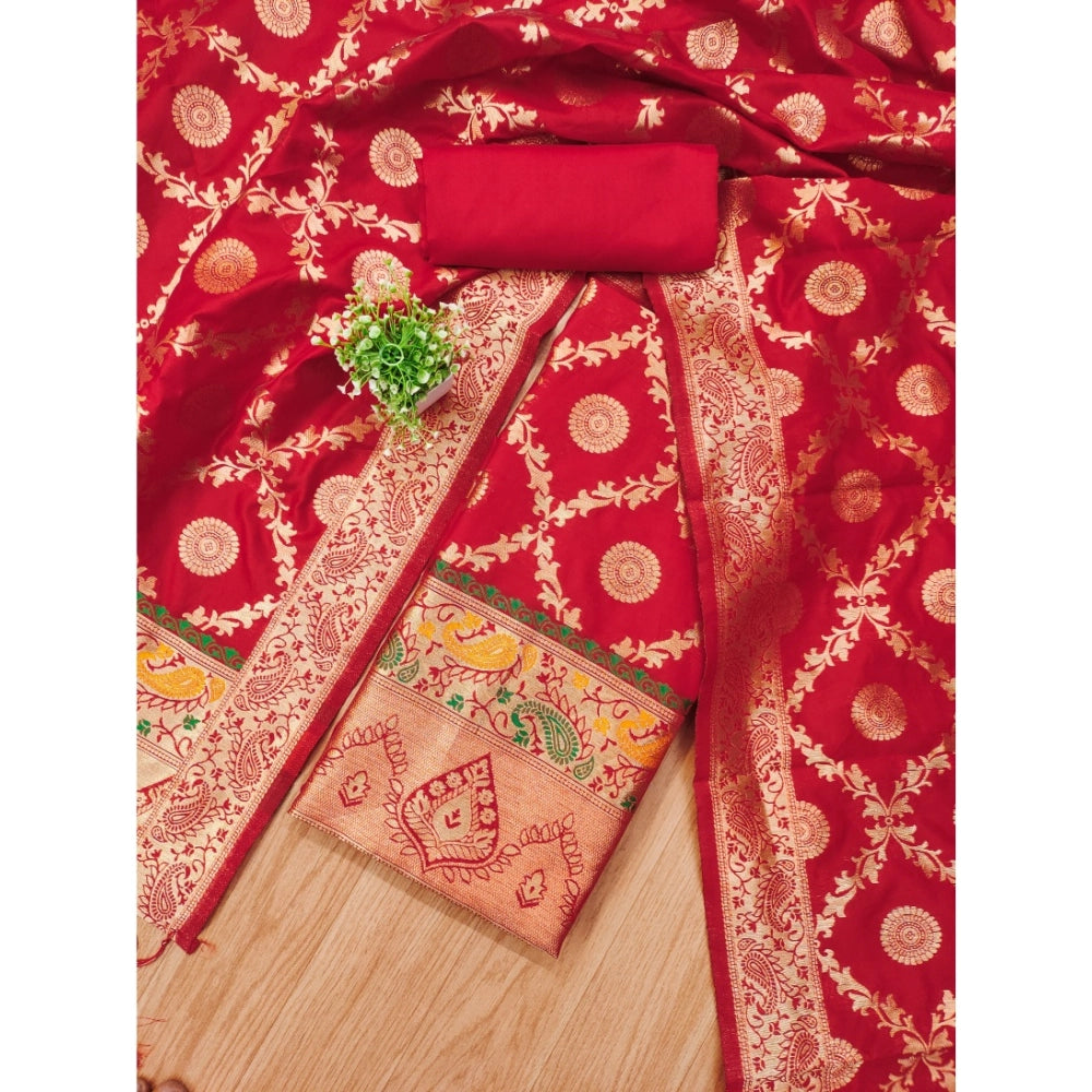 HD Women's Banarasi Silk Printed Unstitched Salwar Suit Material With Dupatta (Red, 3Mtrs)
