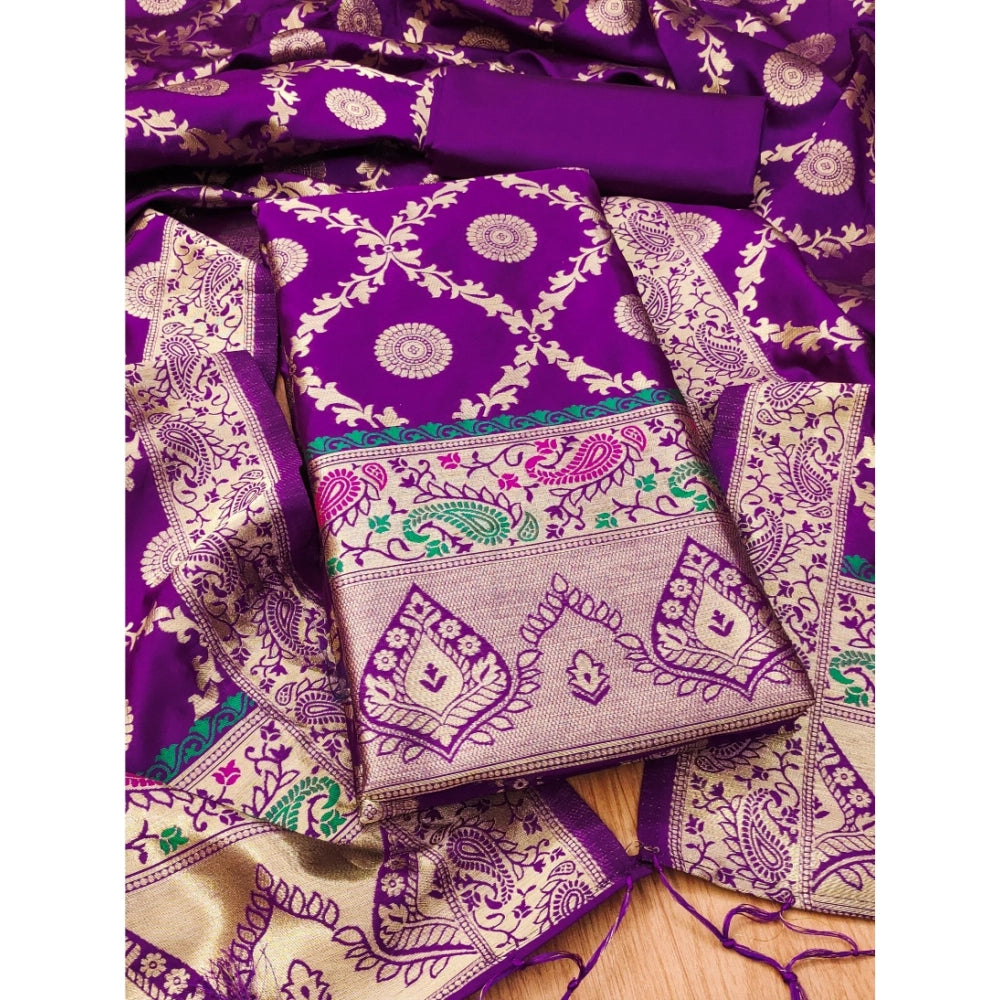 HD Women's Banarasi Silk Printed Unstitched Salwar Suit Material With Dupatta (Purple, 3Mtrs)