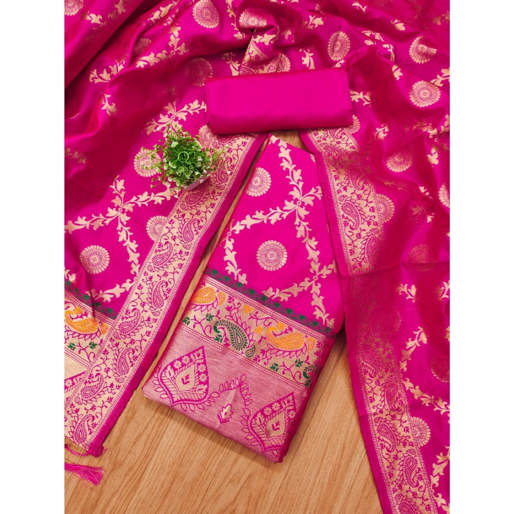 HD Women's Banarasi Silk Printed Unstitched Salwar Suit Material With Dupatta (Pink, 3Mtrs)
