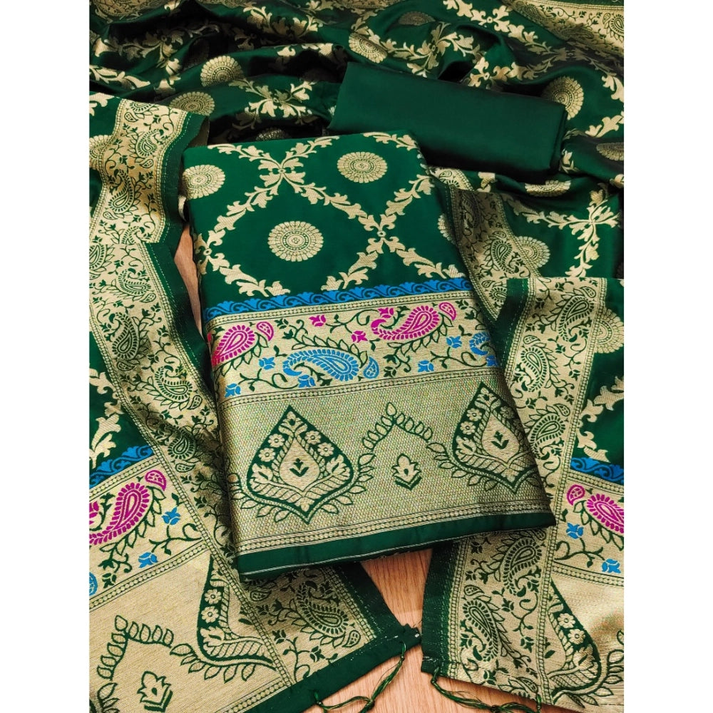 HD Women's Banarasi Silk Printed Unstitched Salwar Suit Material With Dupatta (Bottle Green, 3Mtrs)