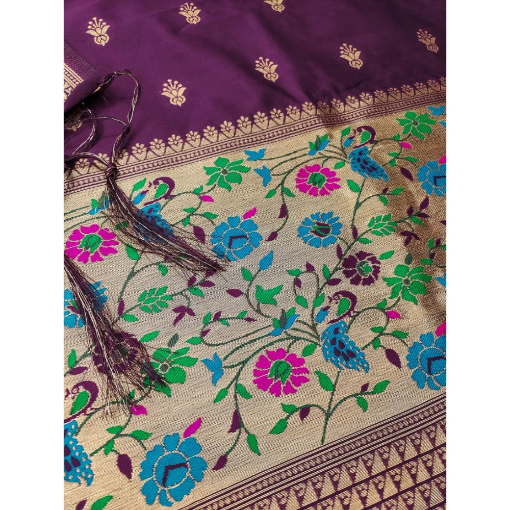 HD Women's Banarasi Silk Printed Unstitched Salwar Suit Material With Dupatta (Wine, 3Mtrs)