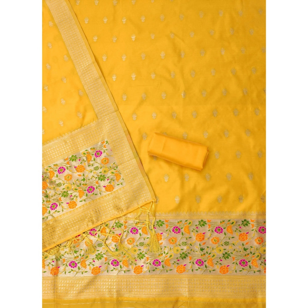 HD Women's Banarasi Silk Printed Unstitched Salwar Suit Material With Dupatta (Yellow, 3Mtrs)
