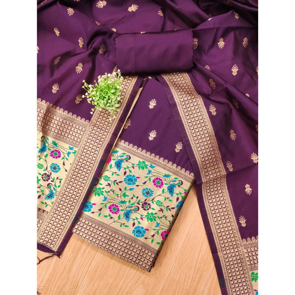 HD Women's Banarasi Silk Printed Unstitched Salwar Suit Material With Dupatta (Wine, 3Mtrs)