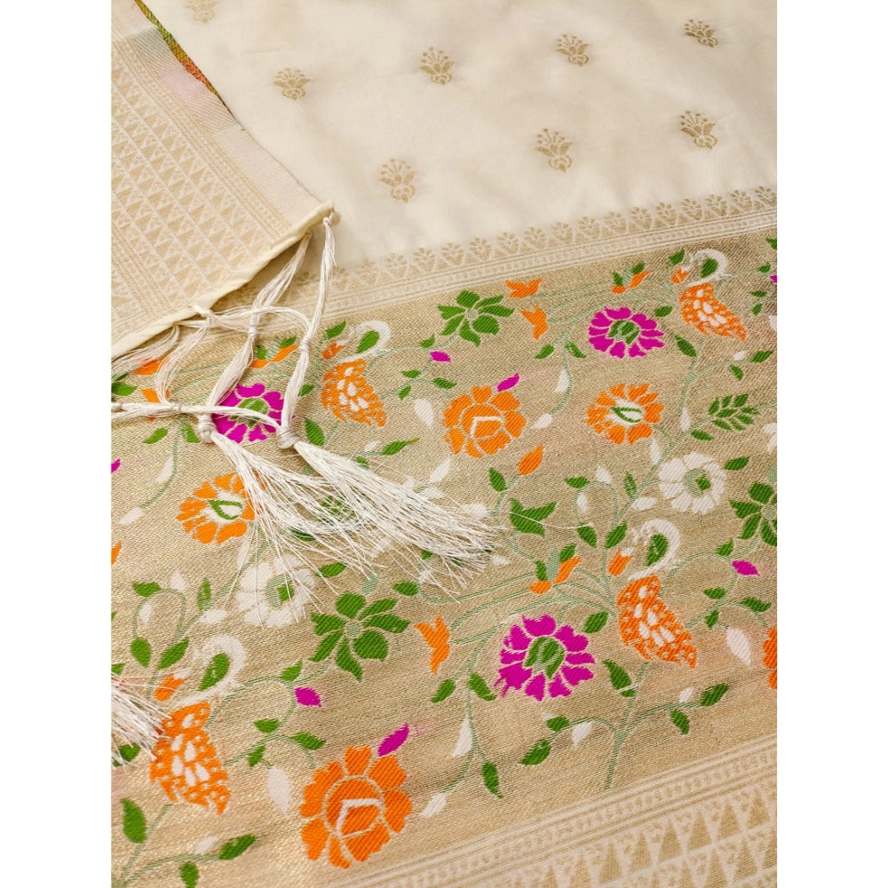 HD Women's Banarasi Silk Printed Unstitched Salwar Suit Material With Dupatta (White, 3Mtrs)