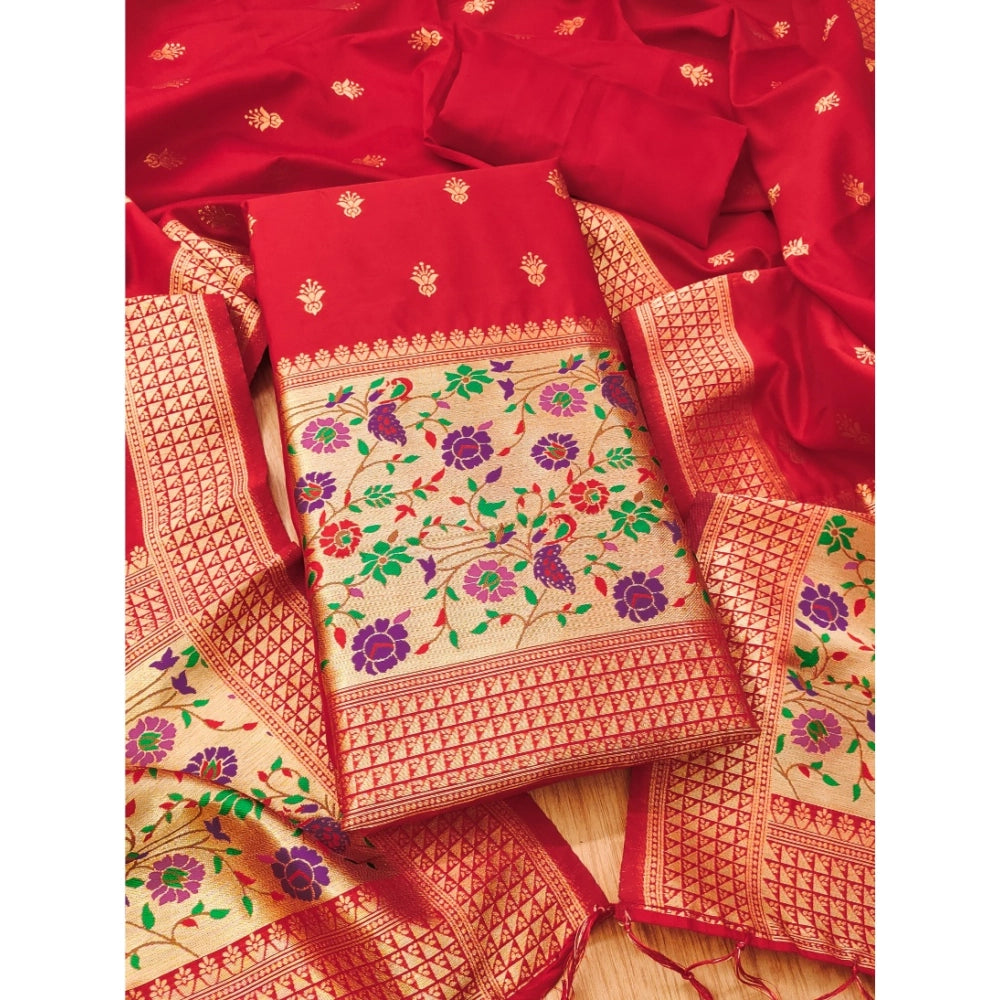 HD Women's Banarasi Silk Printed Unstitched Salwar Suit Material With Dupatta (Red, 3Mtrs)