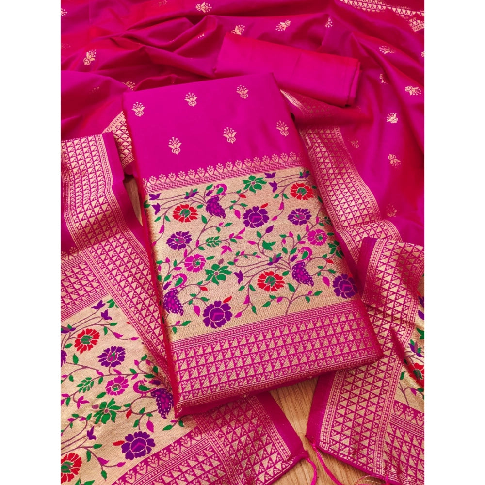HD Women's Banarasi Silk Printed Unstitched Salwar Suit Material With Dupatta (Pink, 3Mtrs)