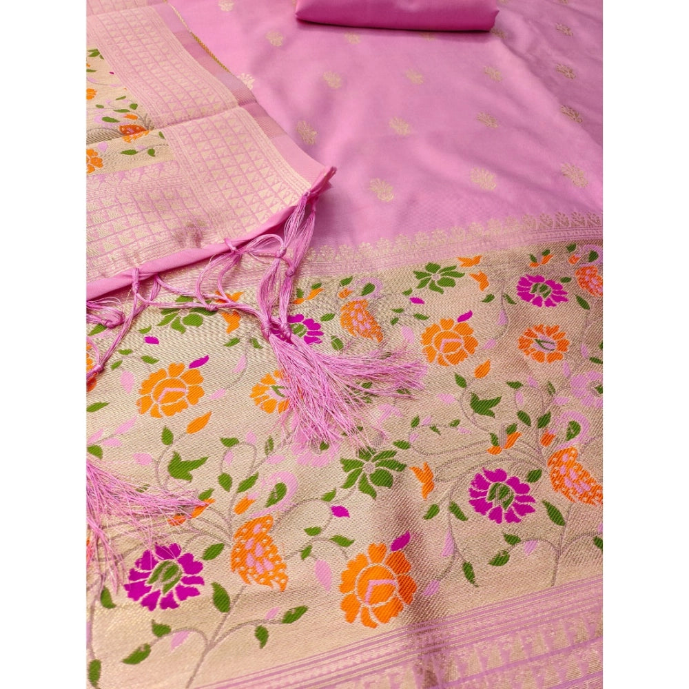 HD Women's Banarasi Silk Printed Unstitched Salwar Suit Material With Dupatta (Light Pink, 3Mtrs)