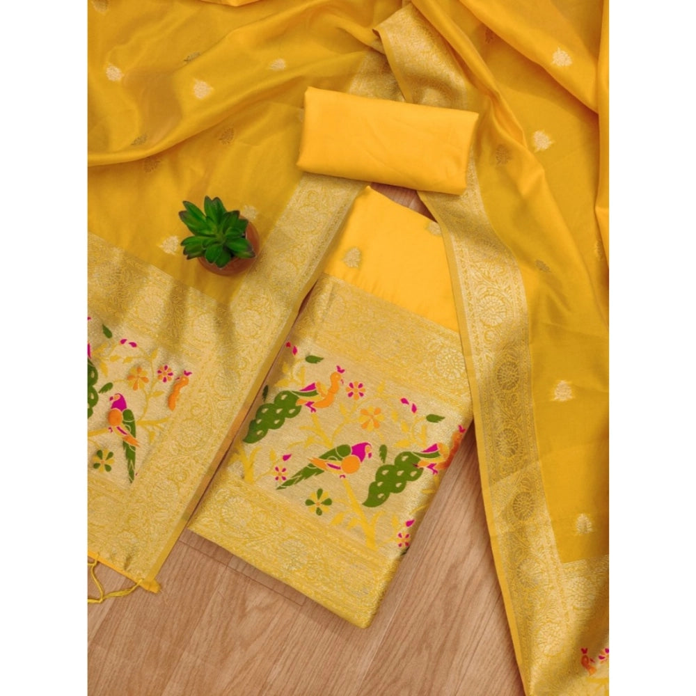 HD Women's Banarasi Silk Printed Unstitched Salwar Suit Material With Dupatta (Yellow, 3Mtrs)