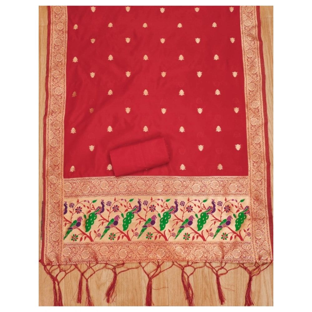 HD Women's Banarasi Silk Printed Unstitched Salwar Suit Material With Dupatta (Red, 3Mtrs)