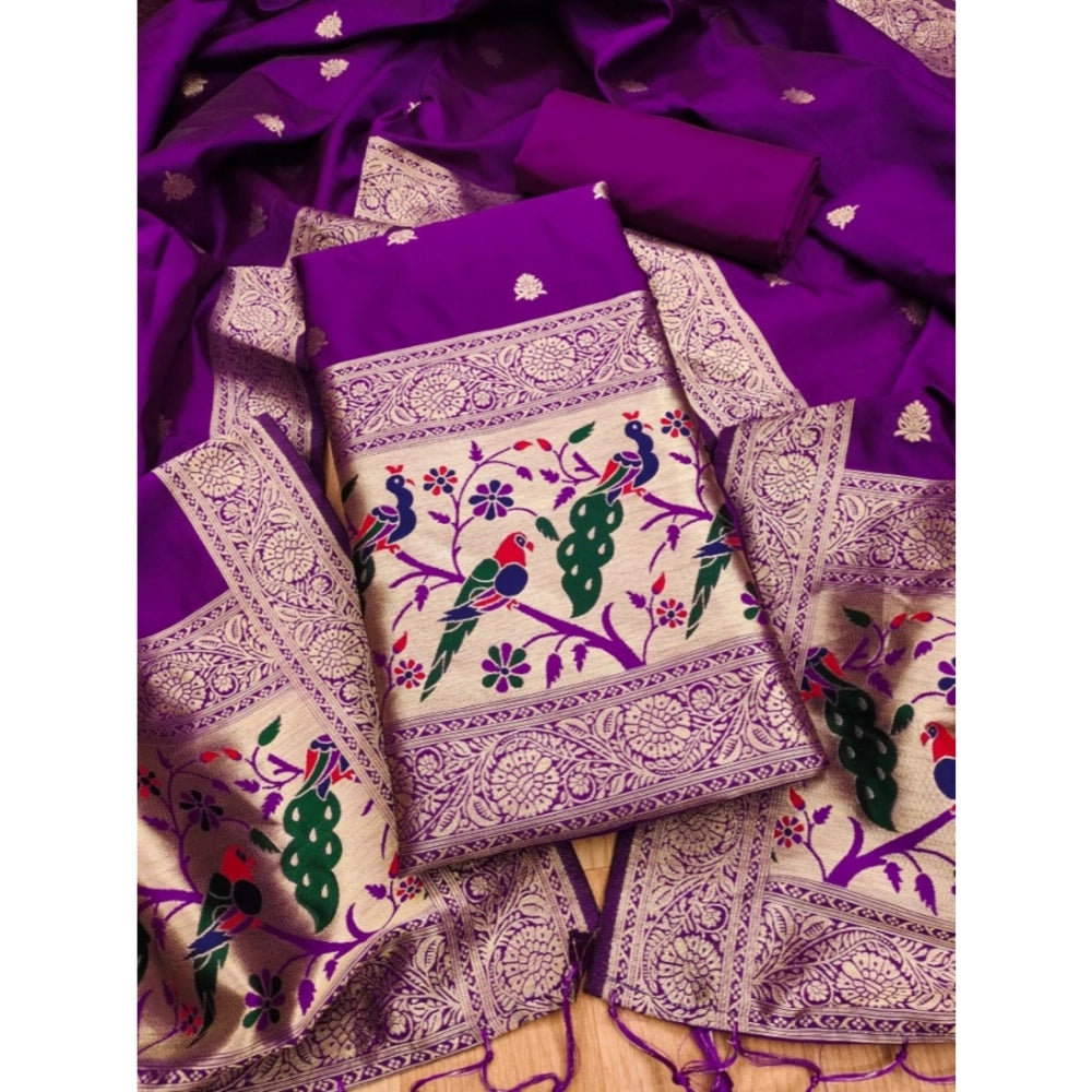 HD Women's Banarasi Silk Printed Unstitched Salwar Suit Material With Dupatta (Purple, 3Mtrs)