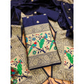 HD Women's Banarasi Silk Printed Unstitched Salwar Suit Material With Dupatta (Navy Blue, 3Mtrs)