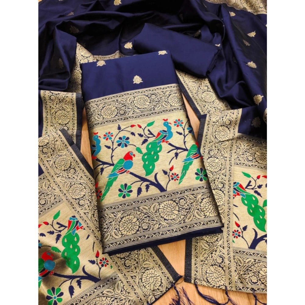 HD Women's Banarasi Silk Printed Unstitched Salwar Suit Material With Dupatta (Navy Blue, 3Mtrs)