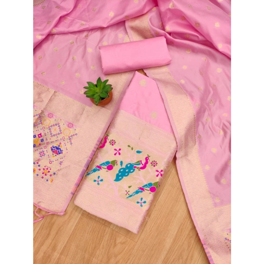 HD Women's Banarasi Silk Printed Unstitched Salwar Suit Material With Dupatta (Light Pink, 3Mtrs)
