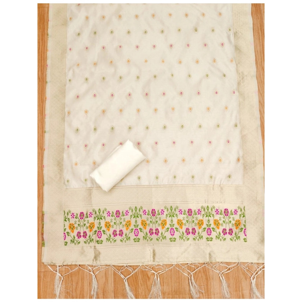 HD Women's Banarasi Silk Printed Unstitched Salwar Suit Material With Dupatta (White, 3Mtrs)