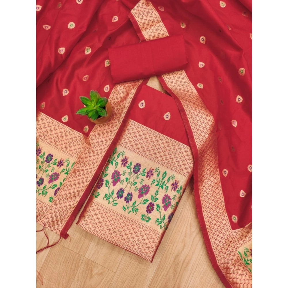 HD Women's Banarasi Silk Printed Unstitched Salwar Suit Material With Dupatta (Red, 3Mtrs)