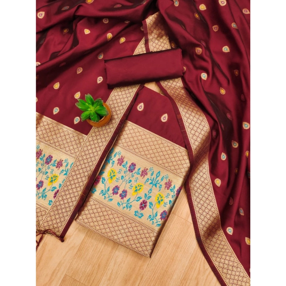HD Women's Banarasi Silk Printed Unstitched Salwar Suit Material With Dupatta (Maroon, 3Mtrs)