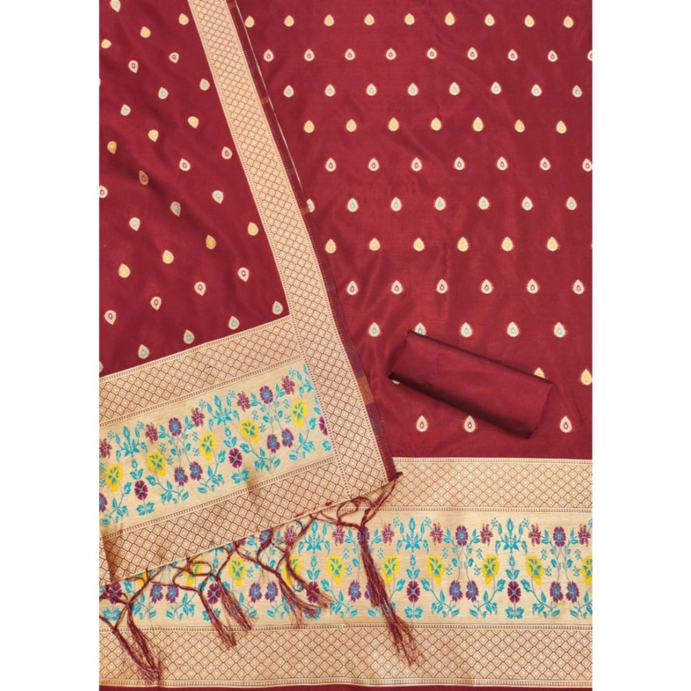 HD Women's Banarasi Silk Printed Unstitched Salwar Suit Material With Dupatta (Maroon, 3Mtrs)