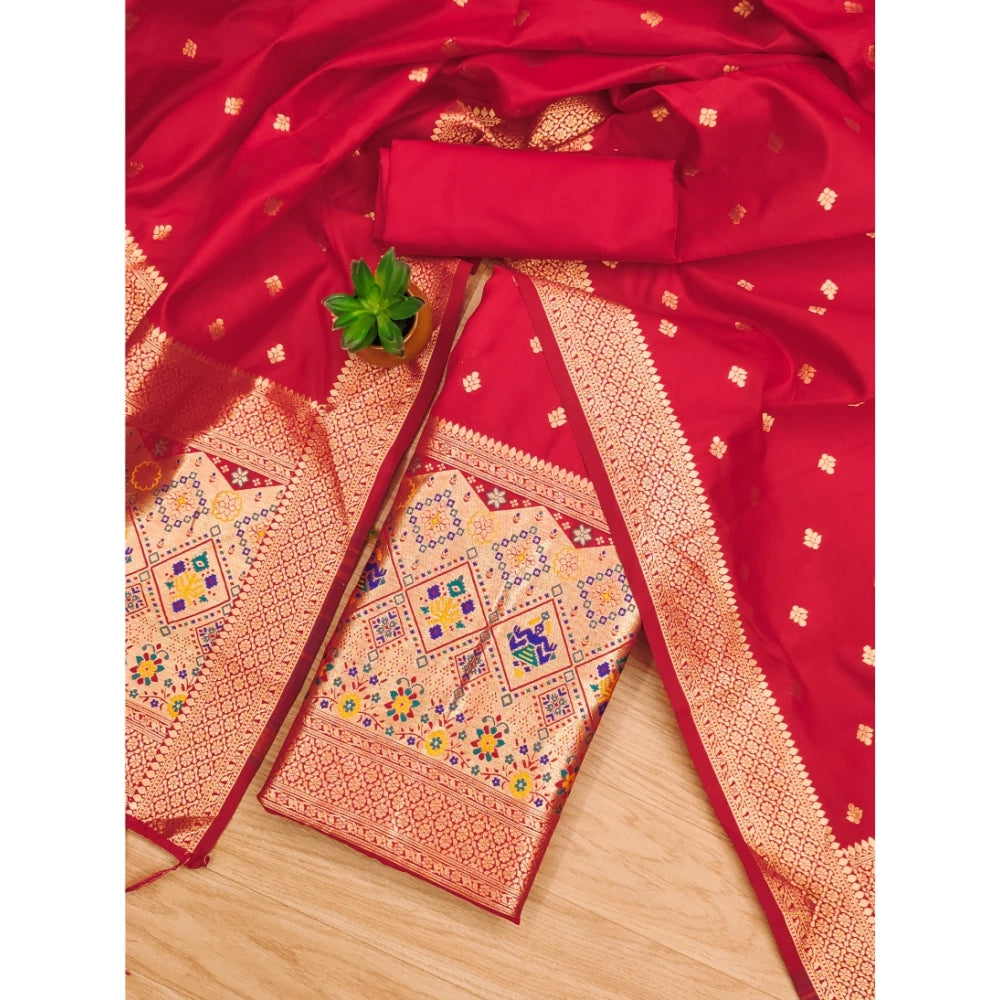 HD Women's Banarasi Silk Printed Unstitched Salwar Suit Material With Dupatta (Red, 3Mtrs)