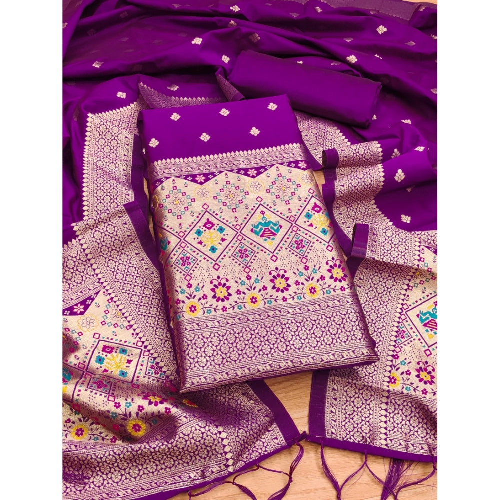 HD Women's Banarasi Silk Printed Unstitched Salwar Suit Material With Dupatta (Purple, 3Mtrs)
